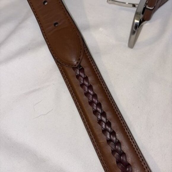 Coated Leather Dress Belt Men’s Sz 40-42” Brown Silver Buckle Inlay Braid - Picture 5 of 5